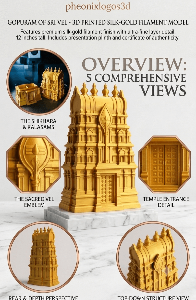 Gopuram of Sri Vel - 3D Printed Silk-Gold Filament Model
